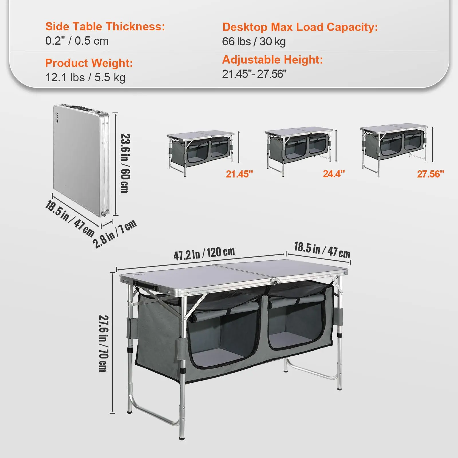 Folding Camping Kitchen Table, Portable Outdoor Cook Station with 3 Adjustable Heights, Storage Compartments & MDF Tabletop for BBQ, RV Trips & Picnics