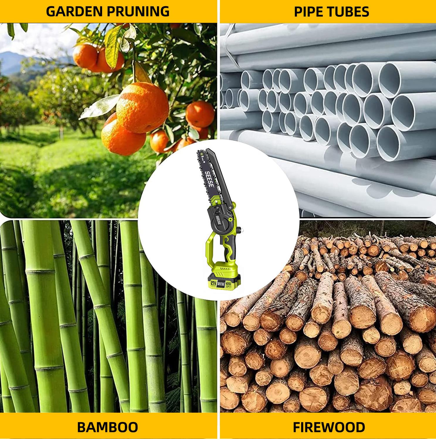 SEESE 2 in 1 Mini Chainsaw with 2 x 21V Batteries, 8" Brushless Electric Pruner, Telescopic Pruning Saw, Working Height up to 15ft, 180&deg; Angled Head, Shoulder Strap