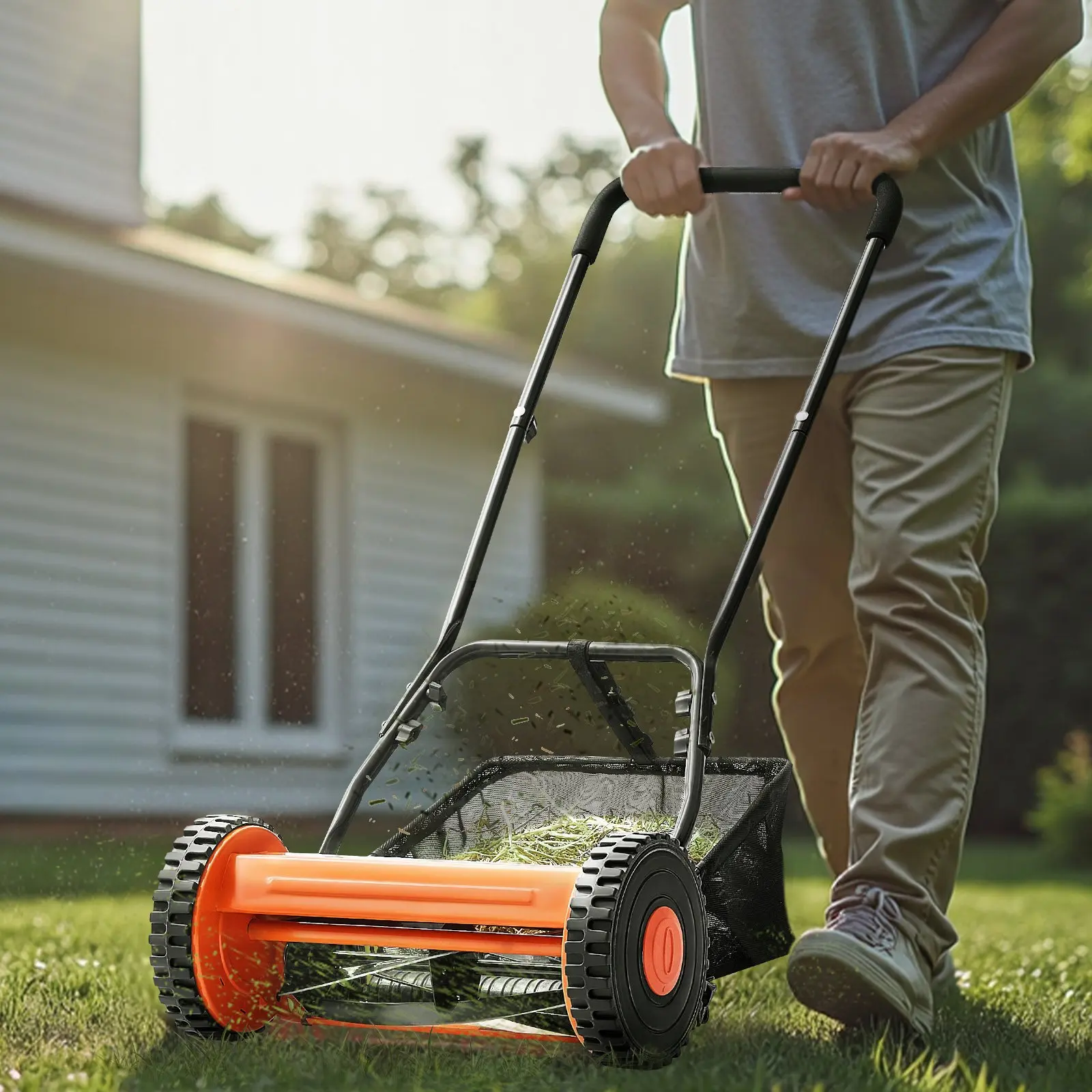 18-Inch Manual Grass Cutter, 5 Steel Lawn Mower Blades, Cushioned U-Handle, Adjustable Height & Grass Catcher Bag - Eco-Friendly Quiet Push Tool for Small Yards, No Gas/Battery Needed