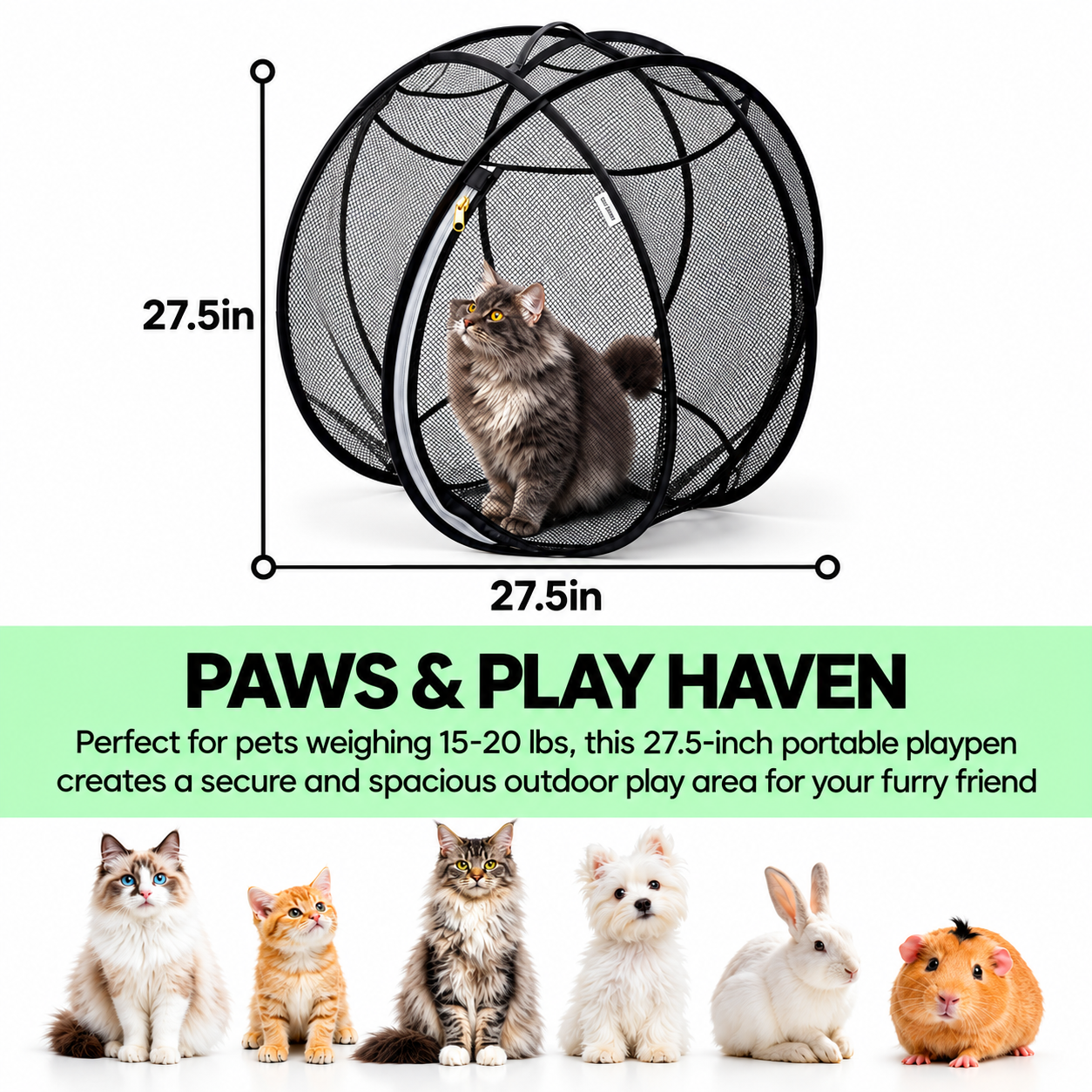 Portable Pet Playpen, Pop-Up Outdoor Cat Enclosure with Breathable Mesh, Secure Zipper & Foldable Design for Cats and Small Pets