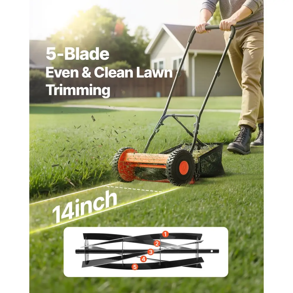 18-Inch Manual Grass Cutter, 5 Steel Lawn Mower Blades, Cushioned U-Handle, Adjustable Height & Grass Catcher Bag - Eco-Friendly Quiet Push Tool for Small Yards, No Gas/Battery Needed