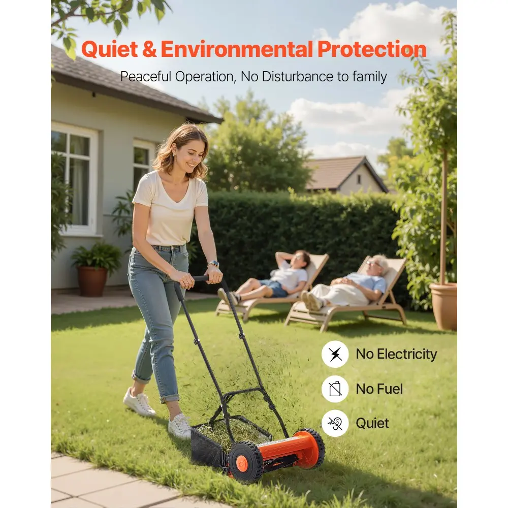 18-Inch Manual Grass Cutter, 5 Steel Lawn Mower Blades, Cushioned U-Handle, Adjustable Height & Grass Catcher Bag - Eco-Friendly Quiet Push Tool for Small Yards, No Gas/Battery Needed