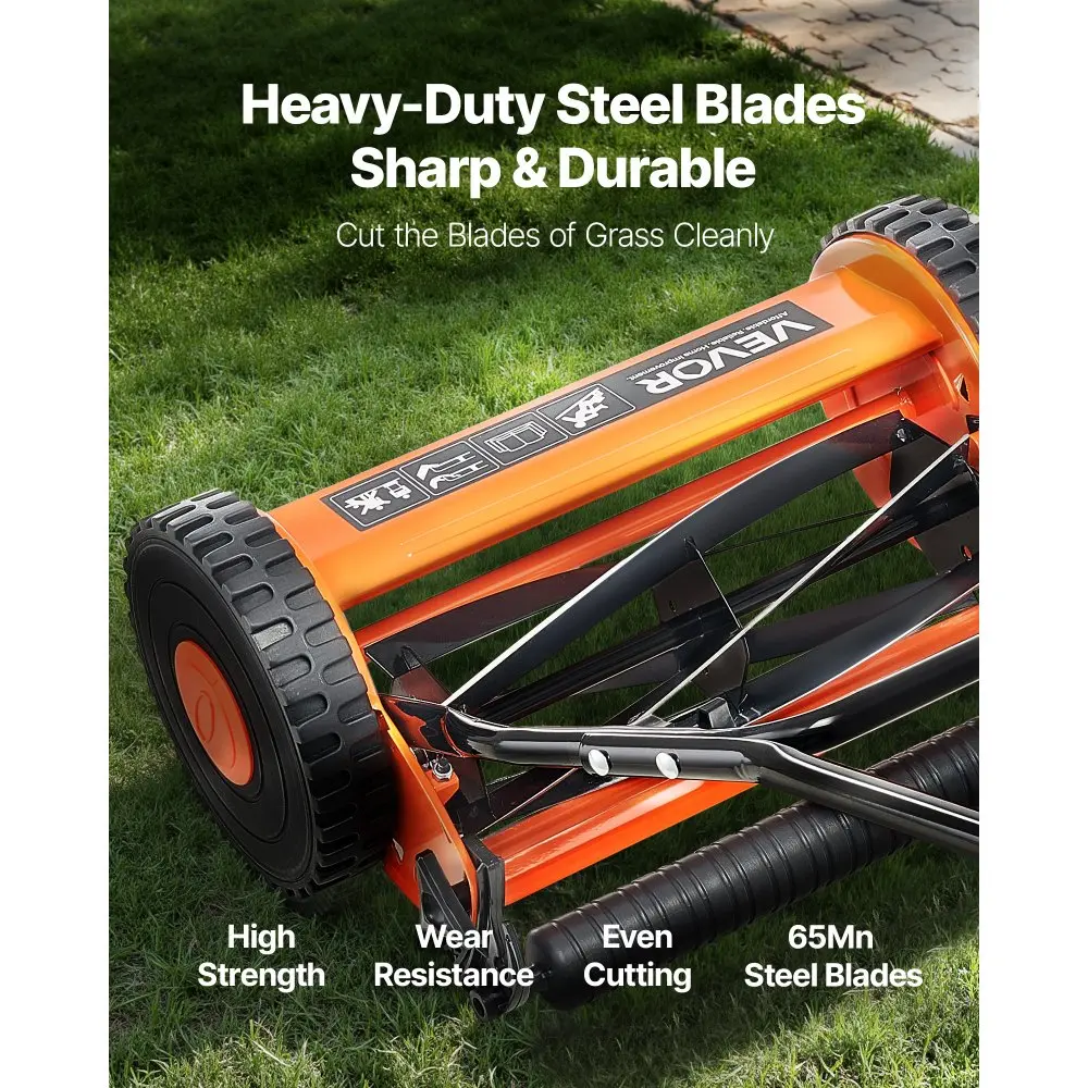 18-Inch Manual Grass Cutter, 5 Steel Lawn Mower Blades, Cushioned U-Handle, Adjustable Height & Grass Catcher Bag - Eco-Friendly Quiet Push Tool for Small Yards, No Gas/Battery Needed