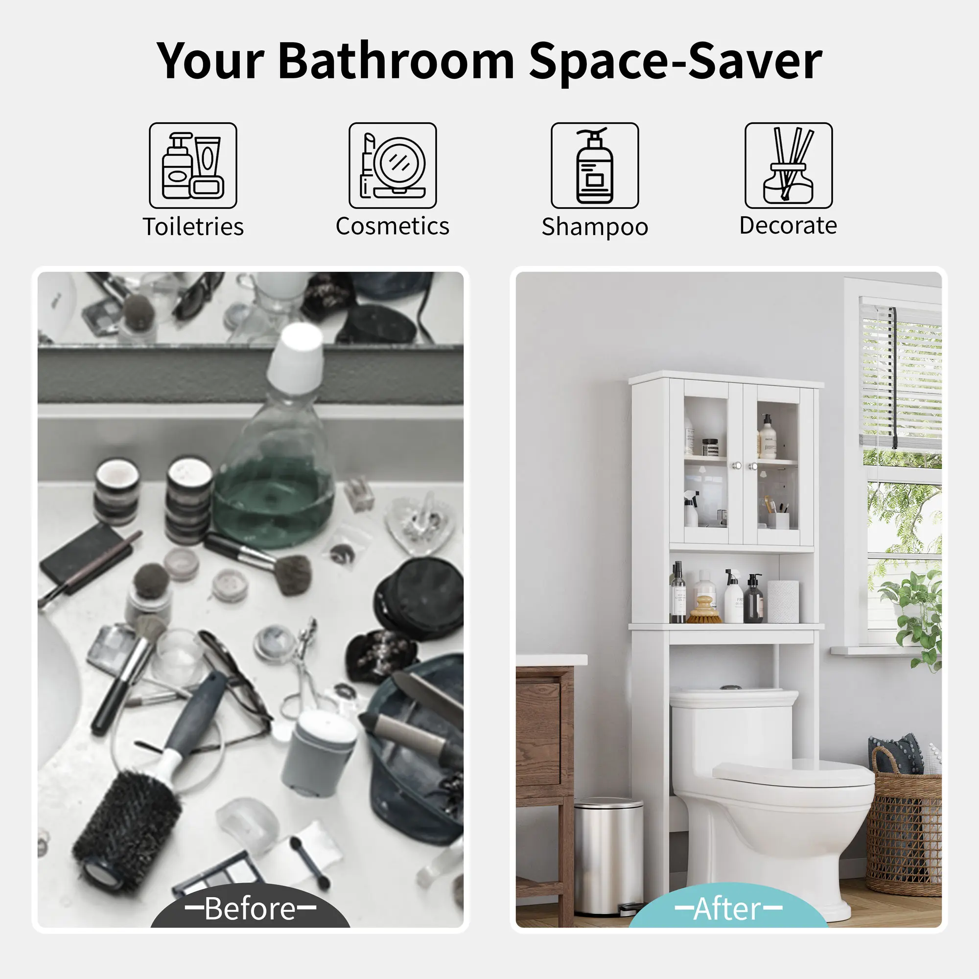 Over The Toilet Storage Cabinet, Space Saver Bathroom Organizer with Adjustable Shelves