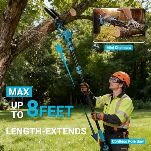 6-Inch Cordless Chainsaw with 3.0Ah Batteries, 2-in-1 Electric Pole Saw for Tree Trimming, Branch Cutting & Yard Work