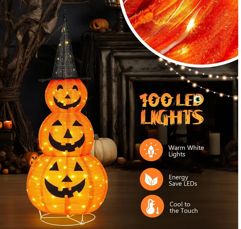 5FT Light Up Collapsible Pumpkin Halloween Decoration with LED Lights, Large Jack-O’-Lantern Outdoor Yard Decor for Porch, Lawn & Party