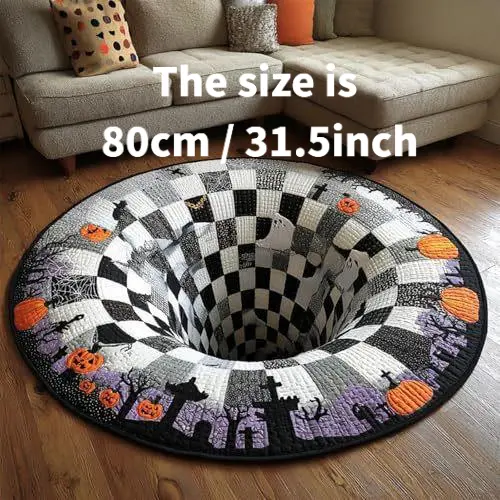 Halloween 3D Skeleton Vortex Quilted Illusion Round Rug , Soft Non-Slip Cool Rugs, Living Room Decor, Funky Unique Home Decor, Room Accessory for Indoor Entry & Bathroom, Spooky Depth Pattern