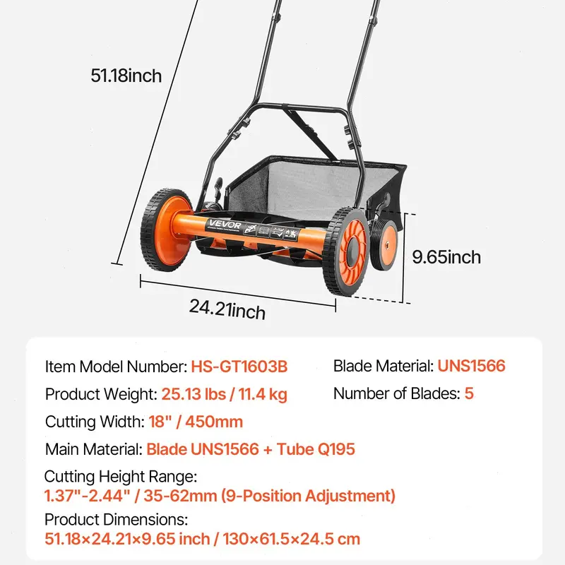 18-Inch Manual Grass Cutter, 5 Steel Lawn Mower Blades, Cushioned U-Handle, Adjustable Height & Grass Catcher Bag - Eco-Friendly Quiet Push Tool for Small Yards, No Gas/Battery Needed