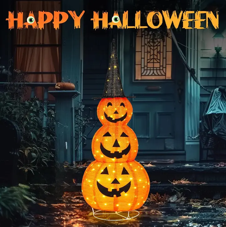 5FT Light Up Collapsible Pumpkin Halloween Decoration with LED Lights, Large Jack-O’-Lantern Outdoor Yard Decor for Porch, Lawn & Party