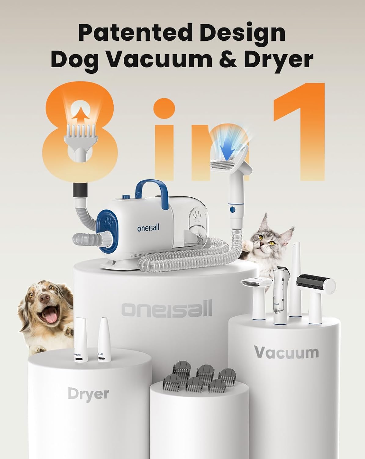 8-in-1 Pet Grooming Vacuum with Dryer and Clippers, Dog Hair Vacuum Kit for Shedding, Brushing, Drying & Trimming