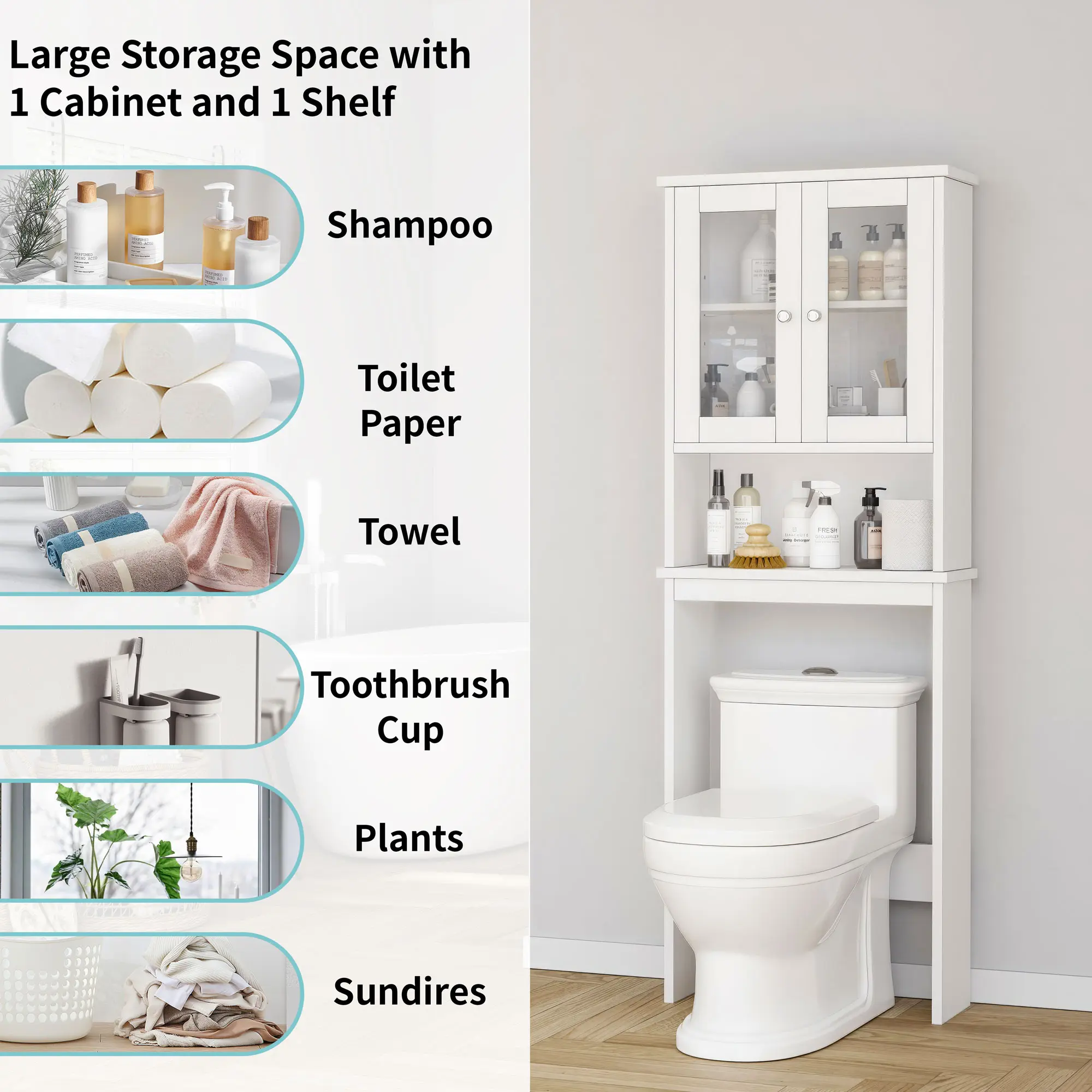 Over The Toilet Storage Cabinet, Space Saver Bathroom Organizer with Adjustable Shelves