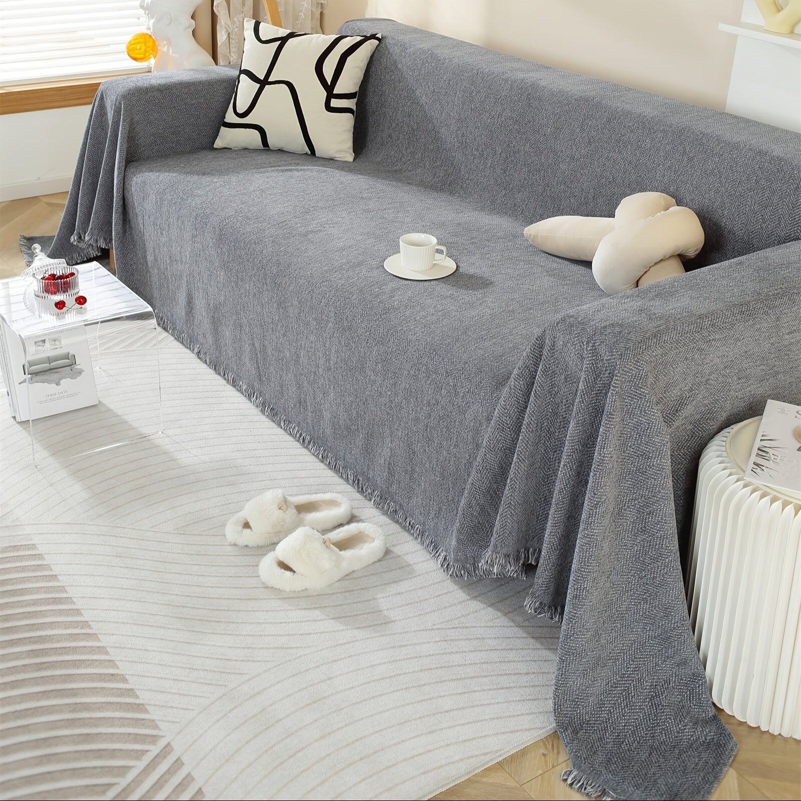 Slate Chenille Tassel Sofa Cover, Soft Textured Couch Protector with Non-Slip Design, Pet-Friendly Furniture Cover for Living Room Sofa, Recliner & Sectional Couch