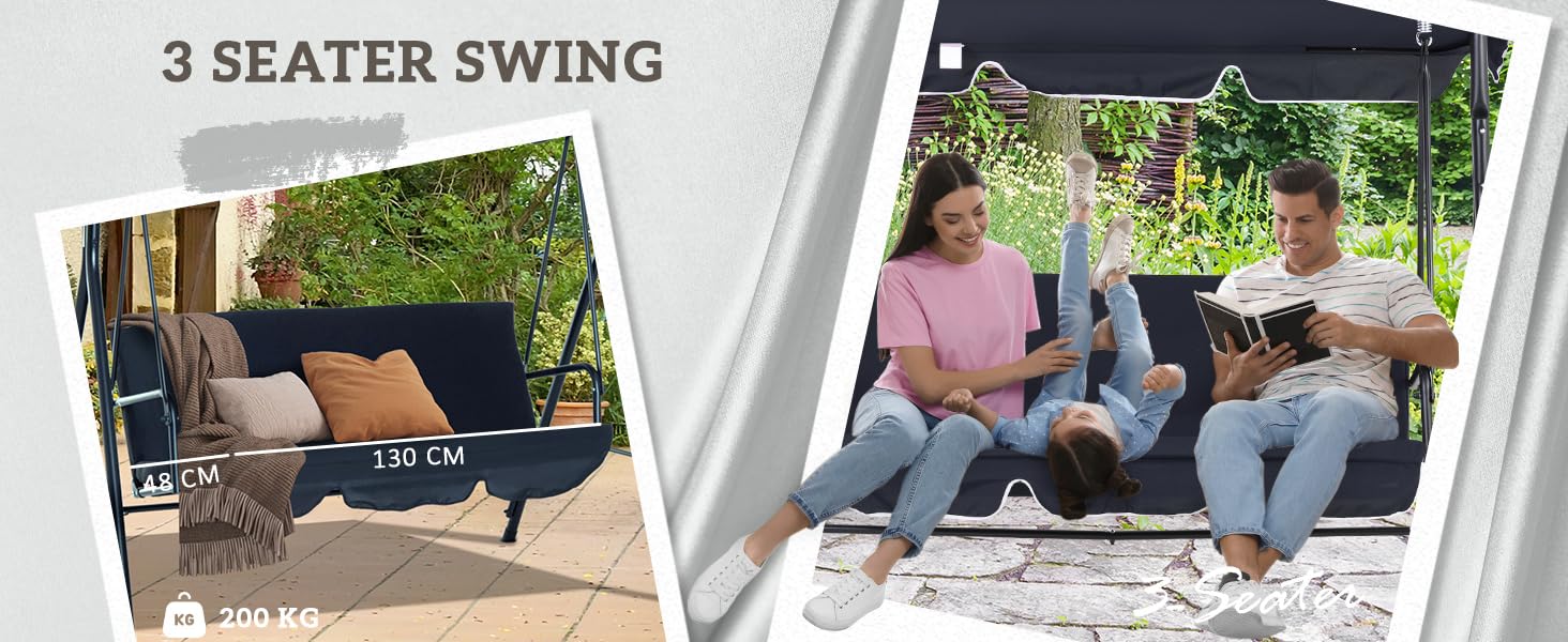 #tiktokshopbacktoschool Outsunny 3-Seat Outdoor Summervibes Patio Swing Chair with Removable Cushion, Steel Frame Stand and Adjustable Tilt Canopy for Patio, Garden, Poolside, Balcony, Backyard