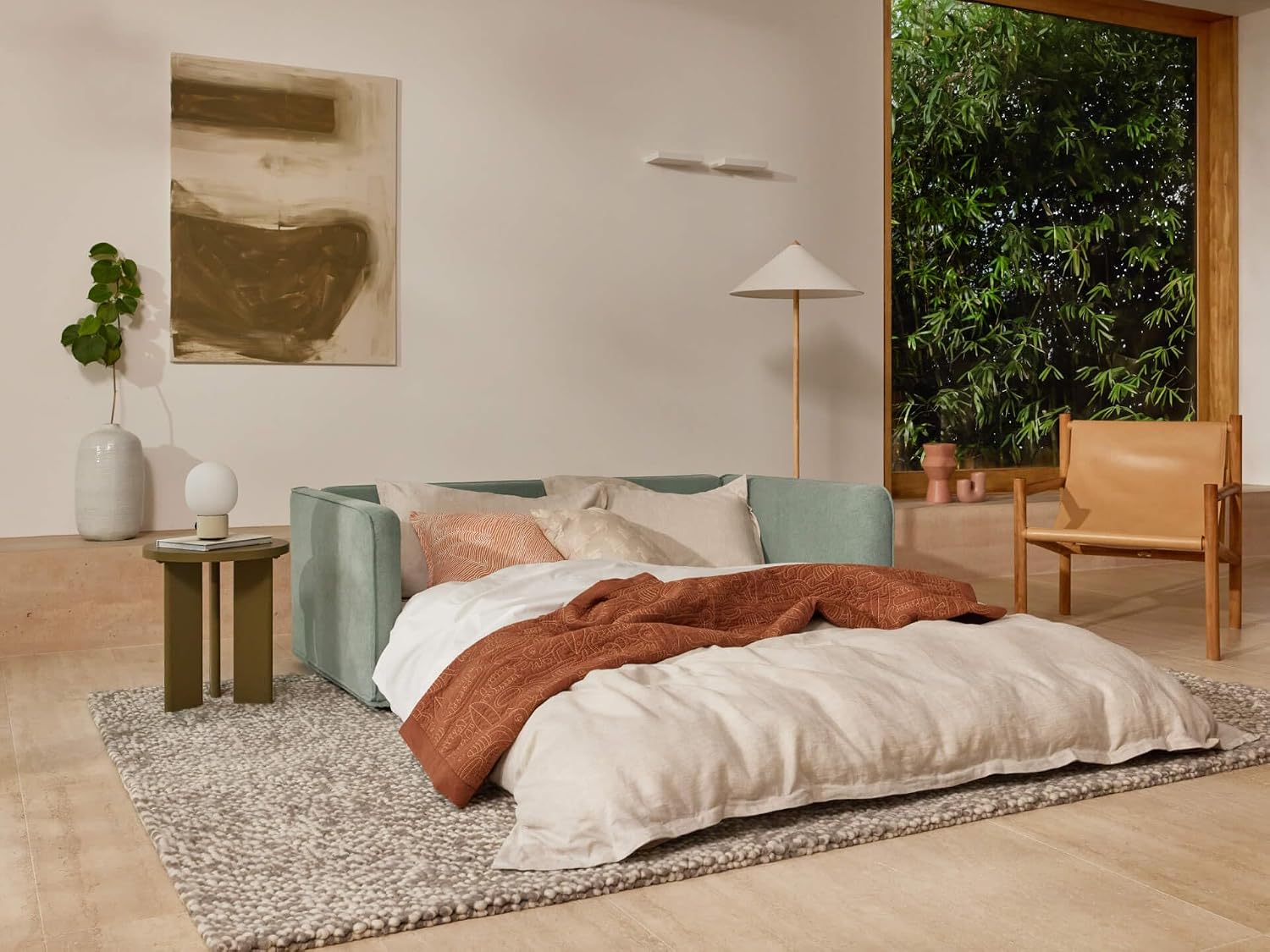 3 Seater Queen Convertible Sofa Bed, Folding Sleeper Couch with Angled Backrest & Cushioned Armrests for Living Room, Guest Room & Small Spaces, Gum Leaf