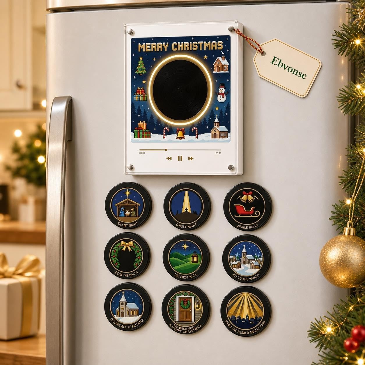 Christmas Fridge Magnet Music Player, Mini Vinyl Record Player with 9 NFC Discs & USB-C Charging