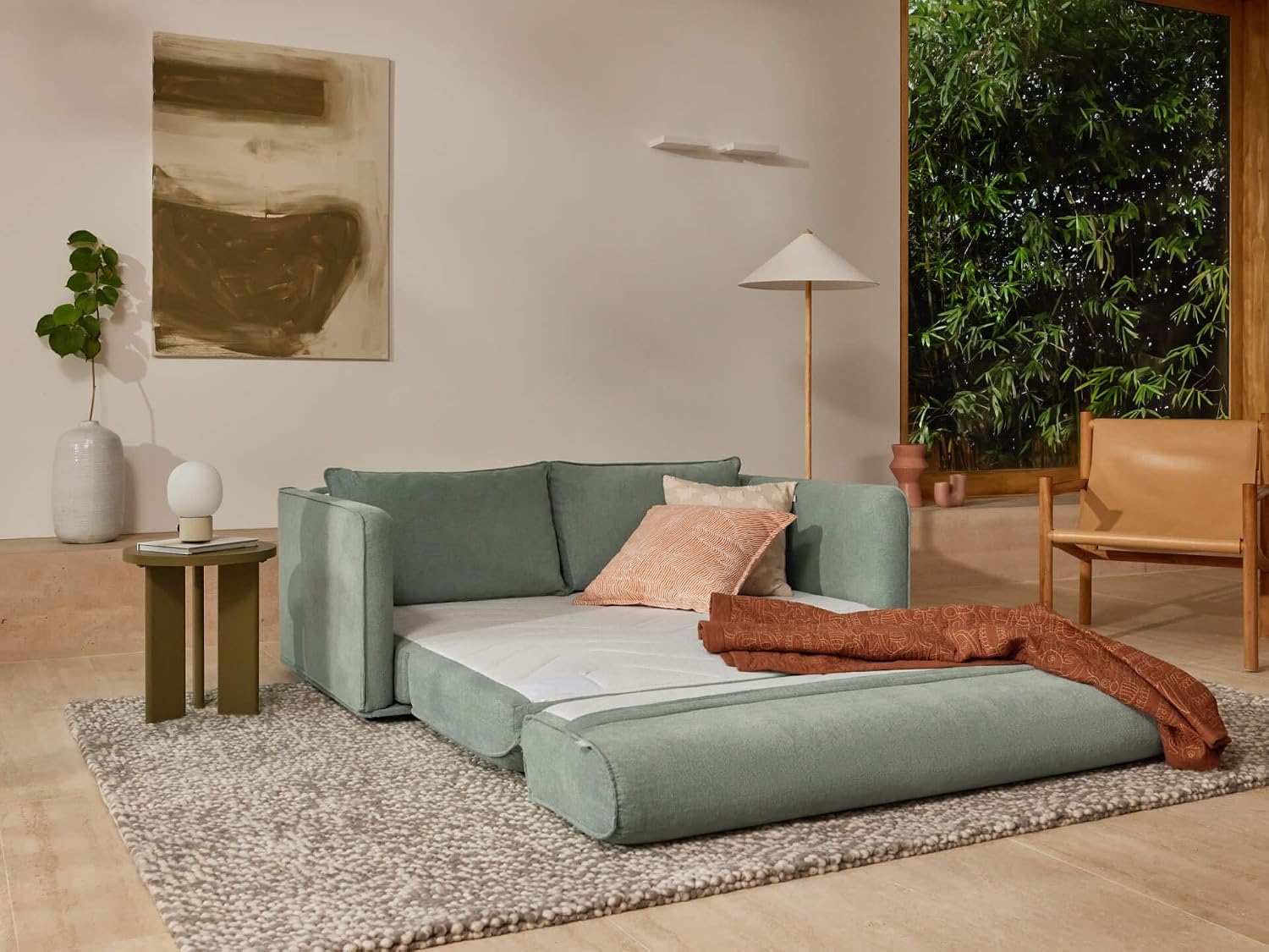 3 Seater Queen Convertible Sofa Bed, Folding Sleeper Couch with Angled Backrest & Cushioned Armrests for Living Room, Guest Room & Small Spaces, Gum Leaf