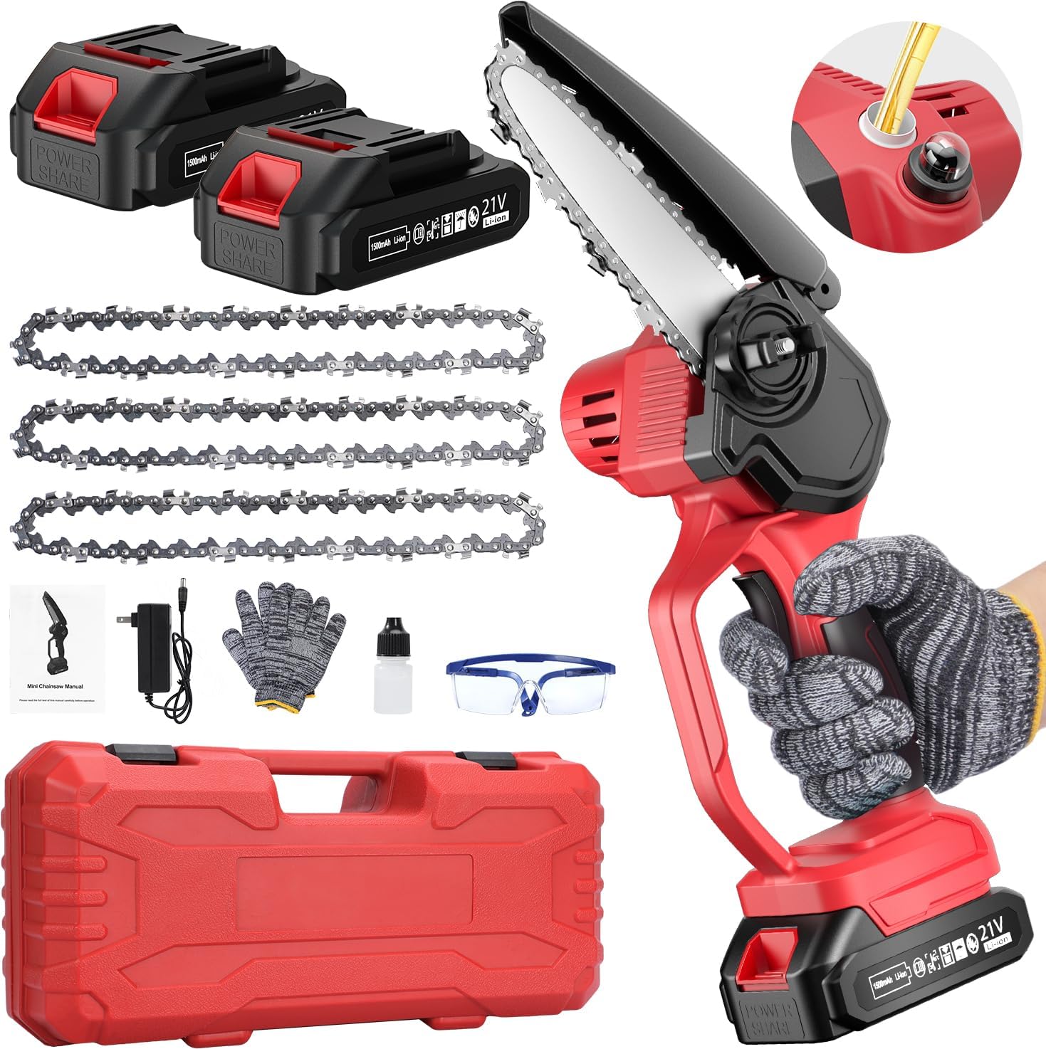 6-Inch Cordless Mini Chainsaw, Portable Handheld Electric Pruning Saw with Auto Oiler, Safety Lock & 2 Batteries for Tree Trimming, Gardening & Wood Cutting