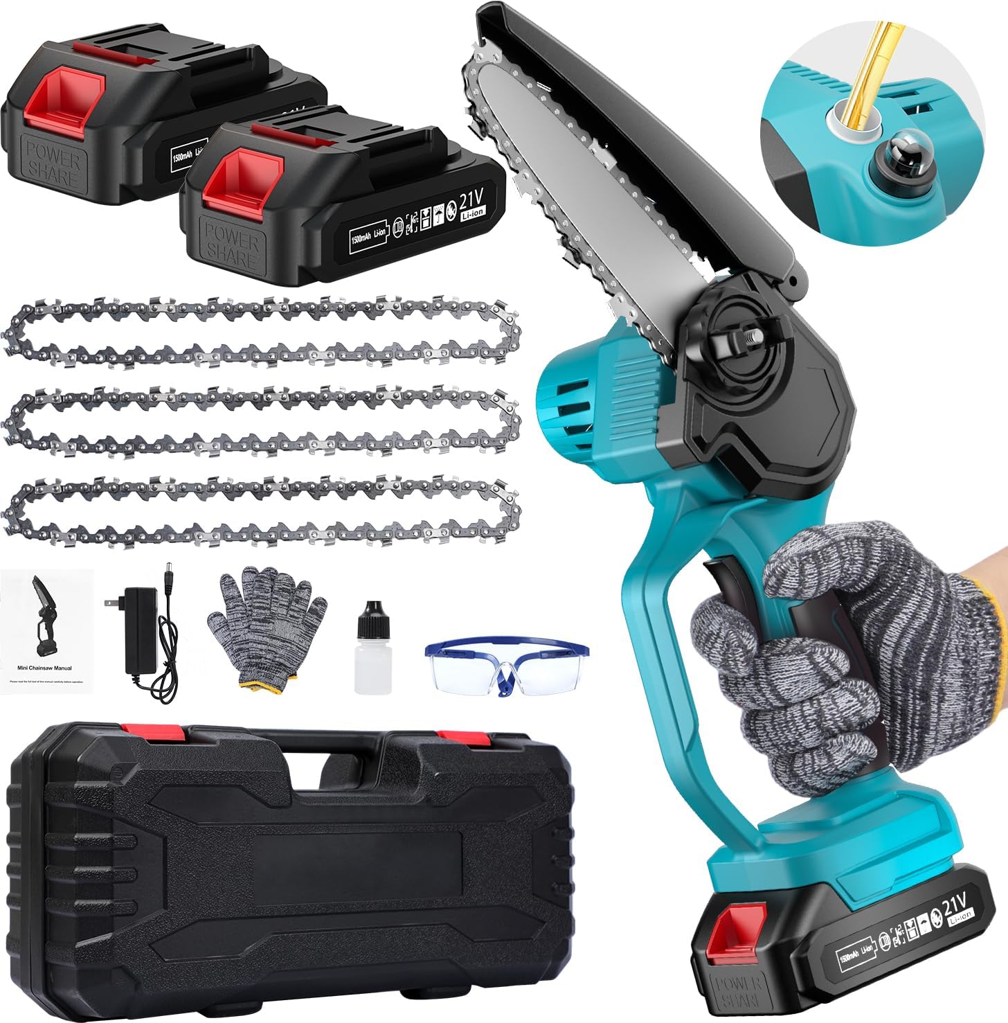 6-Inch Cordless Mini Chainsaw, Portable Handheld Electric Pruning Saw with Auto Oiler, Safety Lock & 2 Batteries for Tree Trimming, Gardening & Wood Cutting