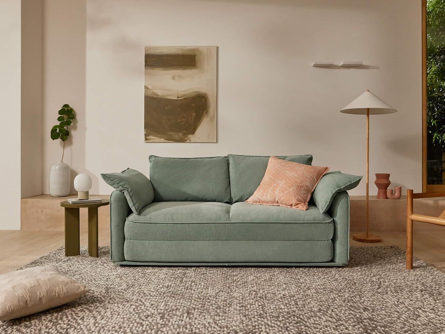 3 Seater Queen Convertible Sofa Bed, Folding Sleeper Couch with Angled Backrest & Cushioned Armrests for Living Room, Guest Room & Small Spaces, Gum Leaf