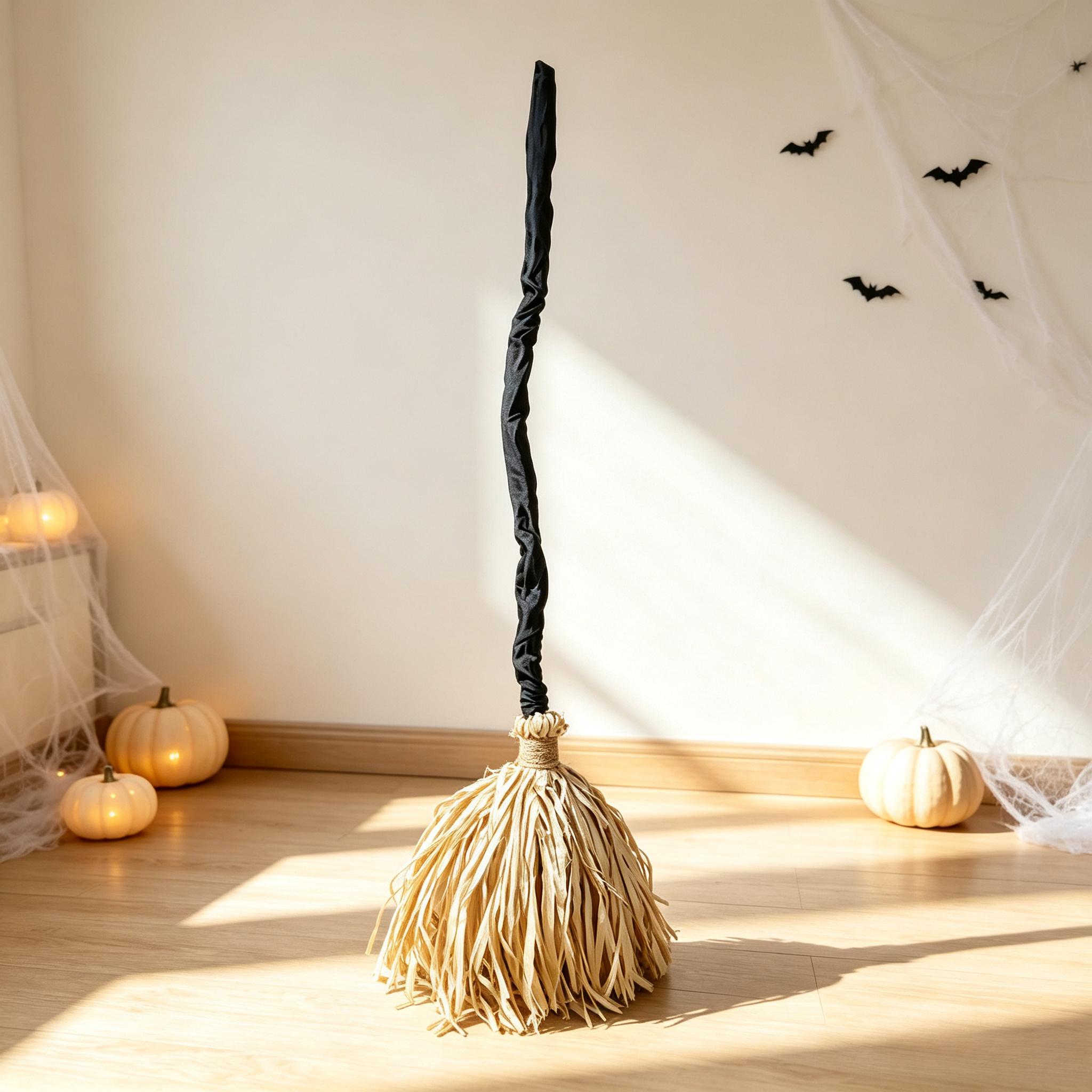 LED Motion Activated Halloween Witch Broom Decoration, Light Up Musical Raffia Broom with Spooky Sound Effects, Indoor Outdoor Party Decor for Porch Haunted House