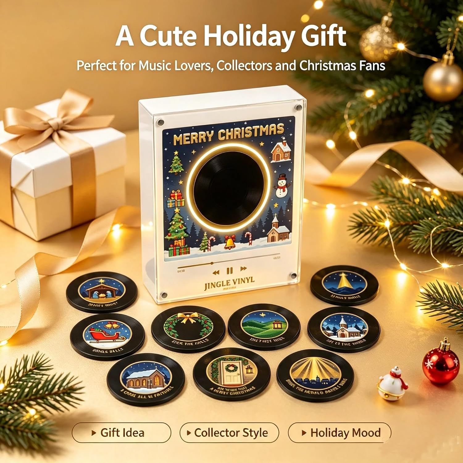 Christmas Fridge Magnet Music Player, Mini Vinyl Record Player with 9 NFC Discs & USB-C Charging