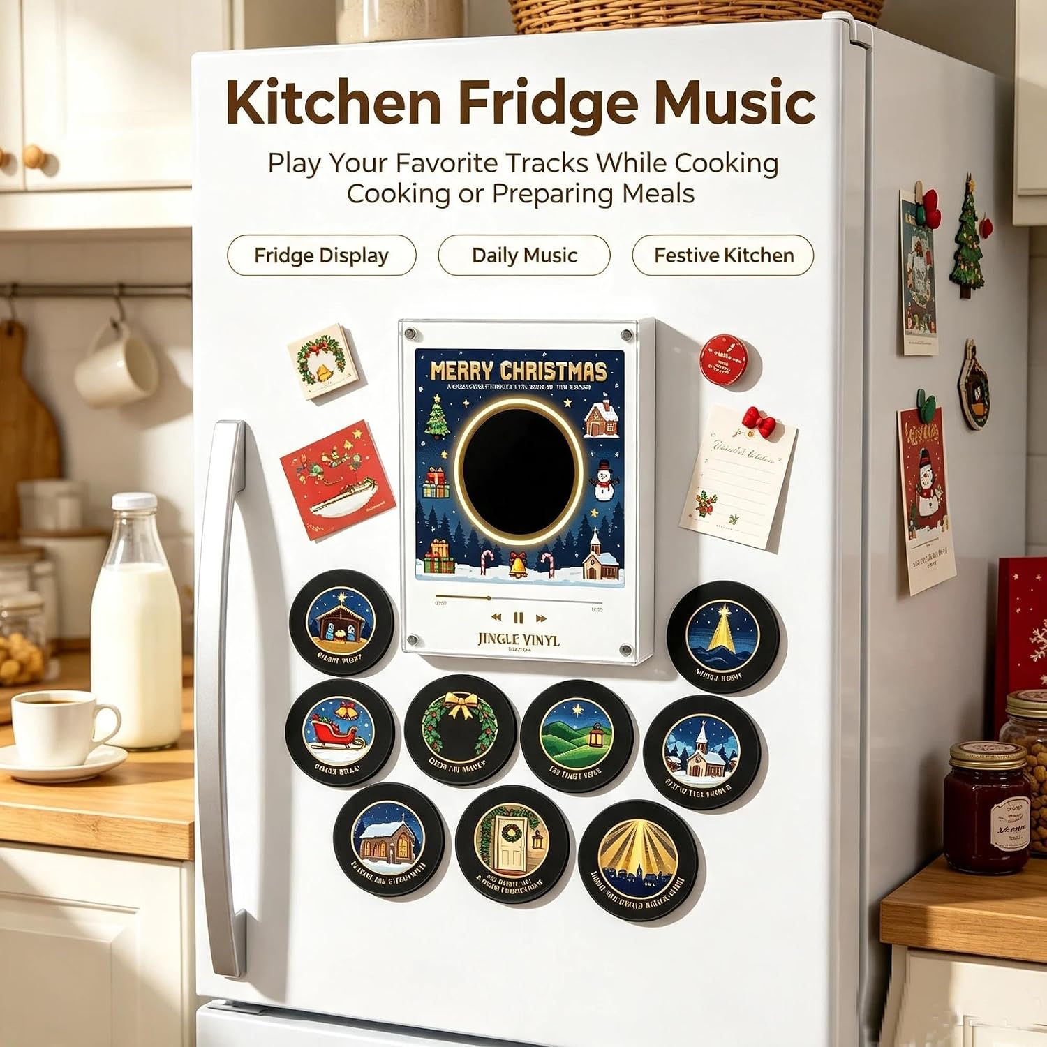 Christmas Fridge Magnet Music Player, Mini Vinyl Record Player with 9 NFC Discs & USB-C Charging
