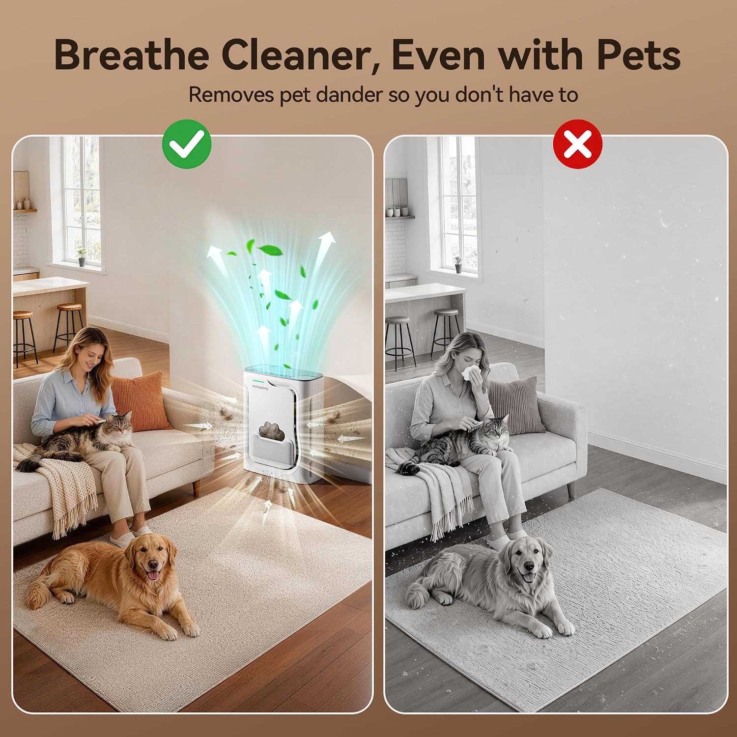 Pet Air Purifier with H13 HEPA Filter, U-Shaped Air Intake for Cats & Dogs, Quiet Home Air Cleaner