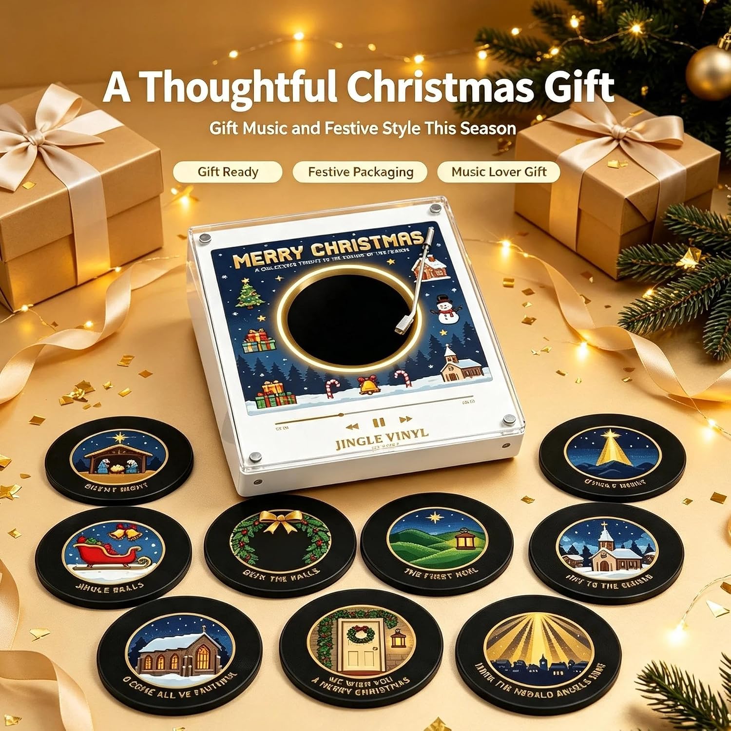 Christmas Fridge Magnet Music Player, Mini Vinyl Record Player with 9 NFC Discs & USB-C Charging