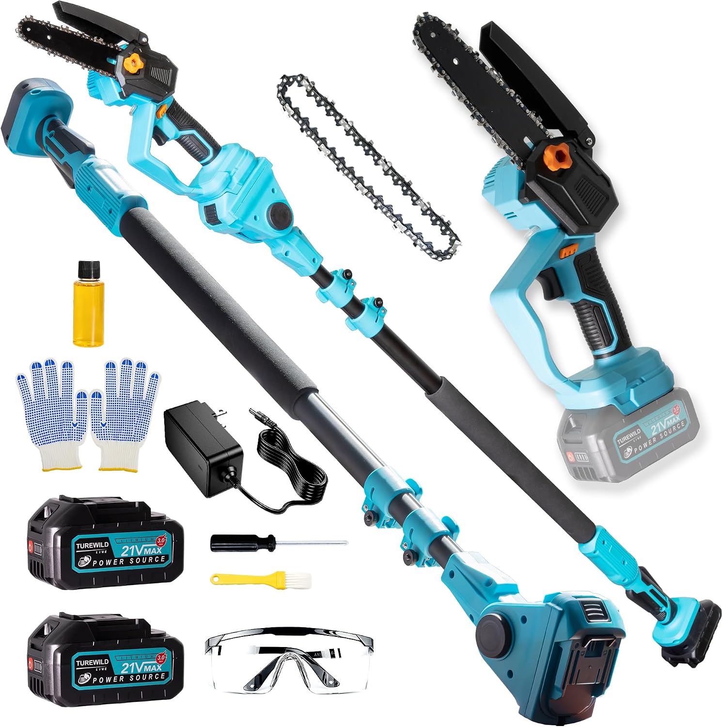 6-Inch Cordless Chainsaw with 3.0Ah Batteries, 2-in-1 Electric Pole Saw for Tree Trimming, Branch Cutting & Yard Work