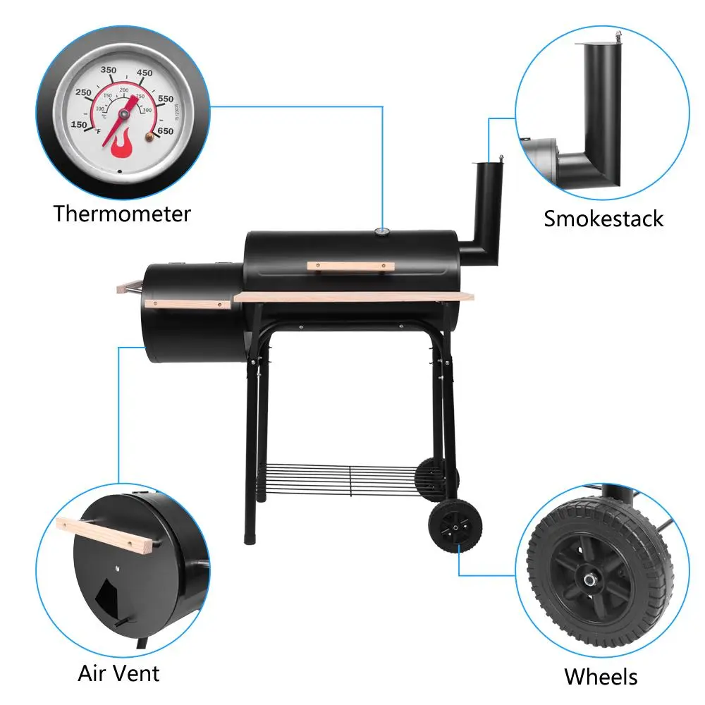 BBQ Charcoal Grill with Offset Smoker, Outdoor Cooker with Wheels & Side Tray, Portable Grill for Backyard, Patio, Camping & Parties