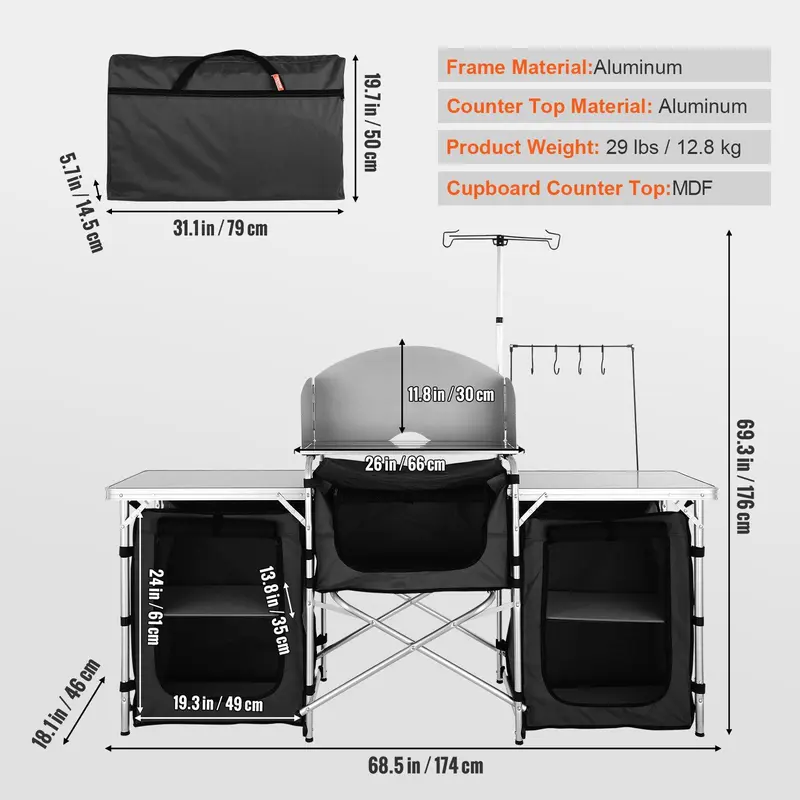 Folding Camping Kitchen Table, Portable Outdoor Cook Station with 3 Adjustable Heights, Storage Compartments & MDF Tabletop for BBQ, RV Trips & Picnics