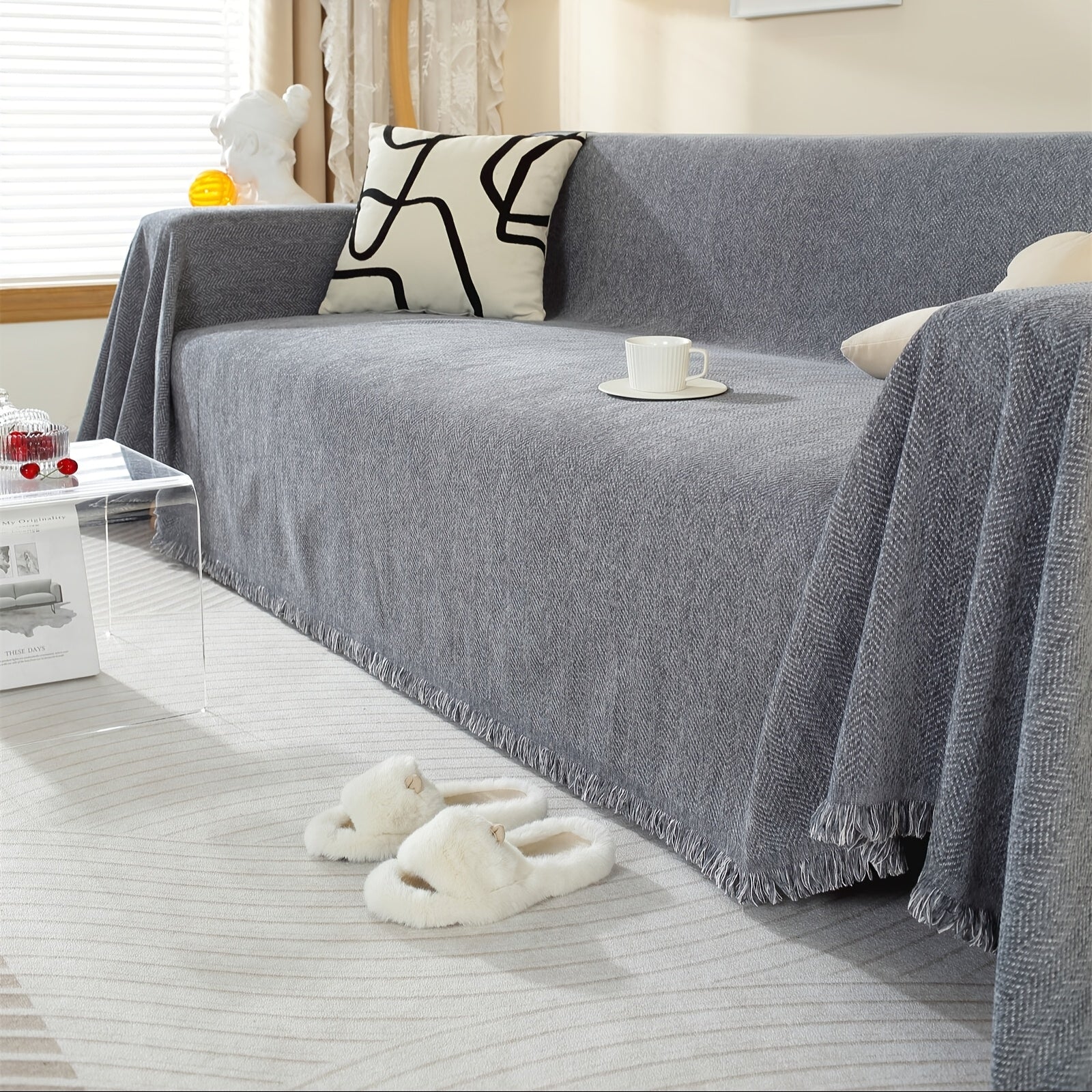 Slate Chenille Tassel Sofa Cover, Soft Textured Couch Protector with Non-Slip Design, Pet-Friendly Furniture Cover for Living Room Sofa, Recliner & Sectional Couch
