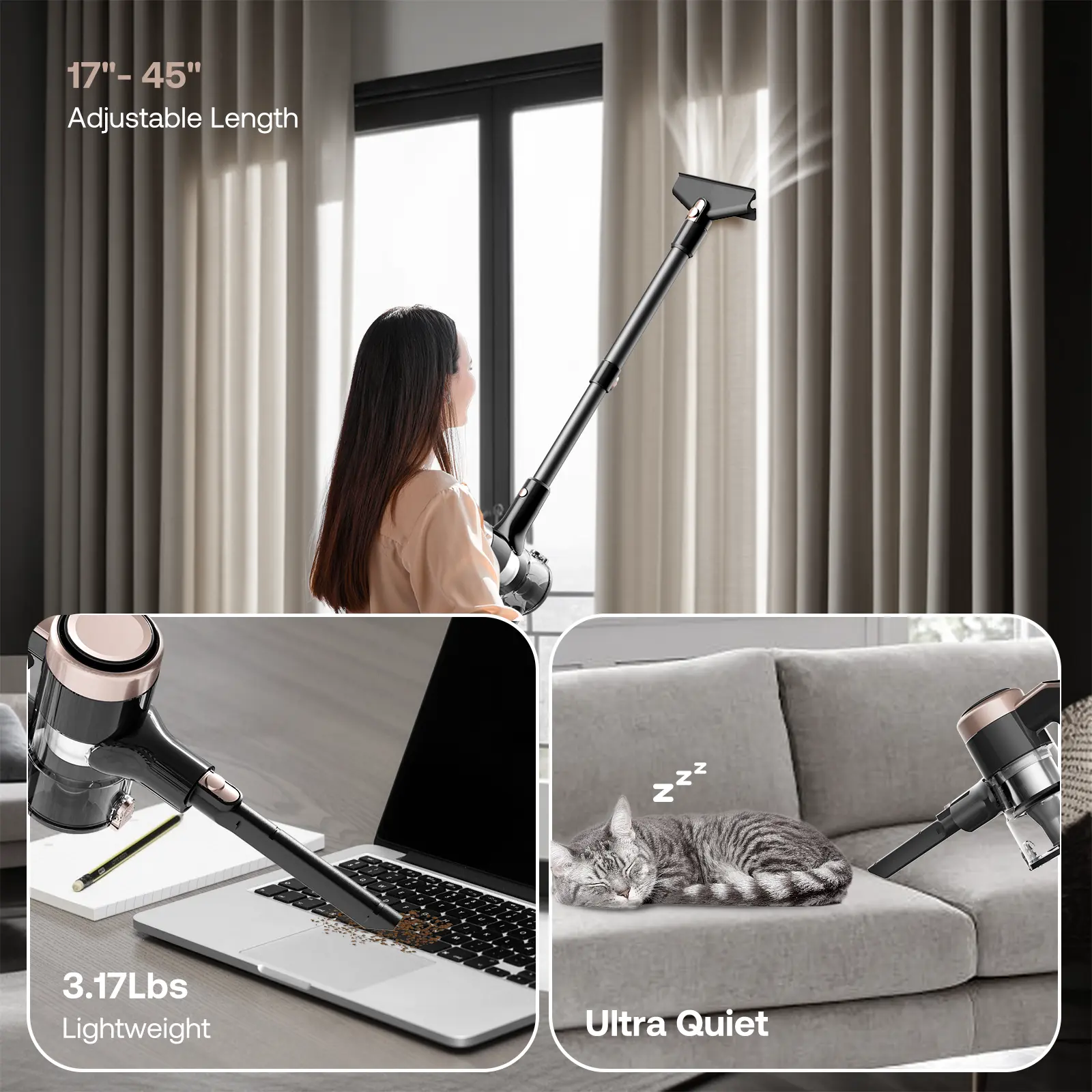 23KPa Cordless Vacuum Cleaner, 300W Powerful Stick Vacuum with 3 Suction Modes, LED Floor Head, Long Runtime & Large Dust Cup for Home Cleaning