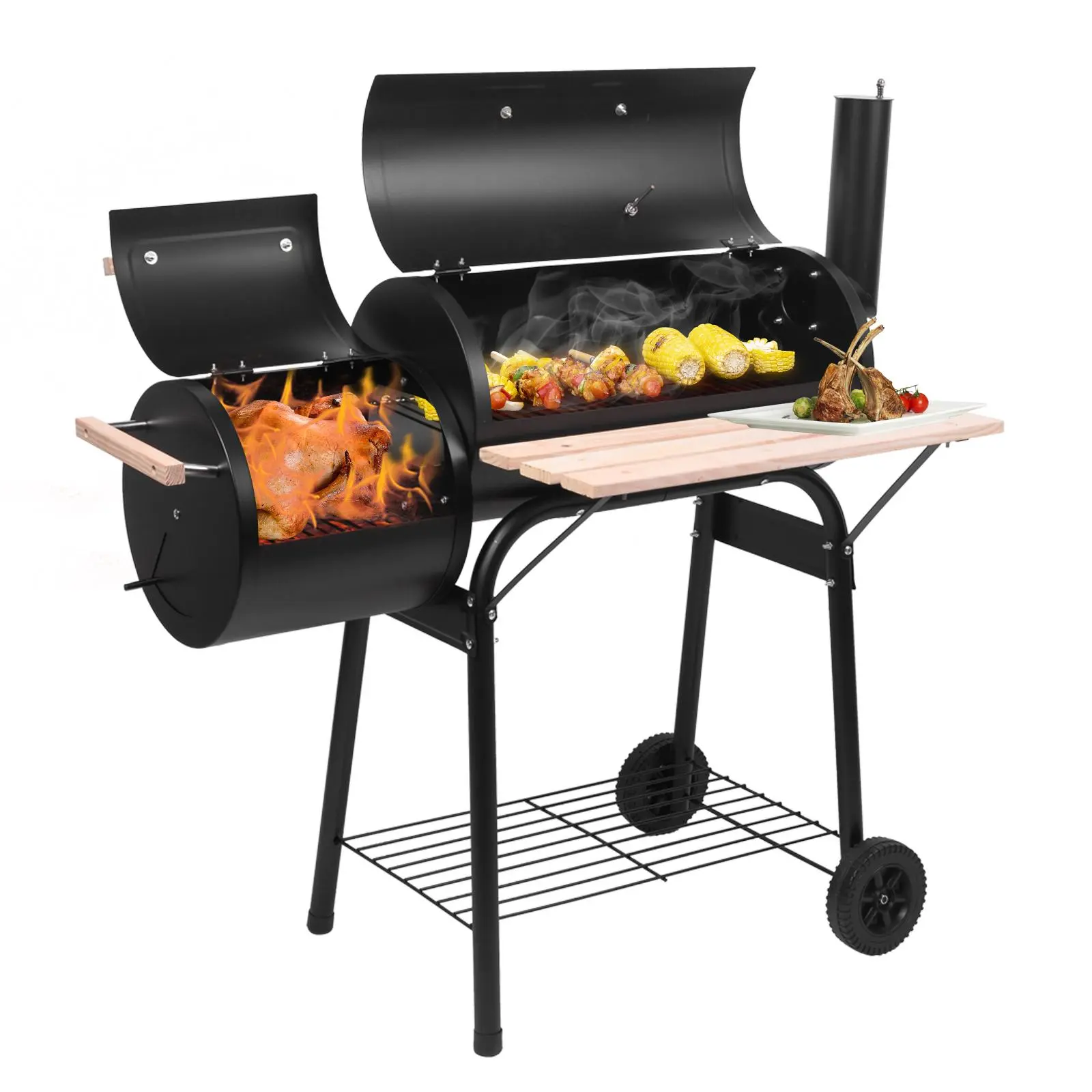 BBQ Charcoal Grill with Offset Smoker, Outdoor Cooker with Wheels & Side Tray, Portable Grill for Backyard, Patio, Camping & Parties