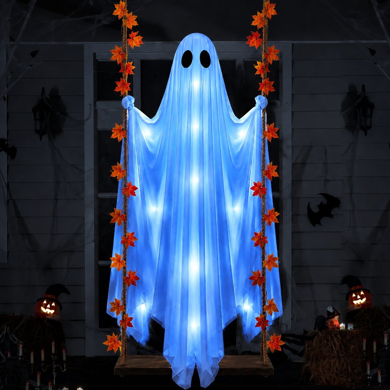 1.2M Light Up Swinging Ghost Halloween Decoration with Remote Control, LED Hanging Ghost Decor for Outdoor Yard, Porch, Tree & Party