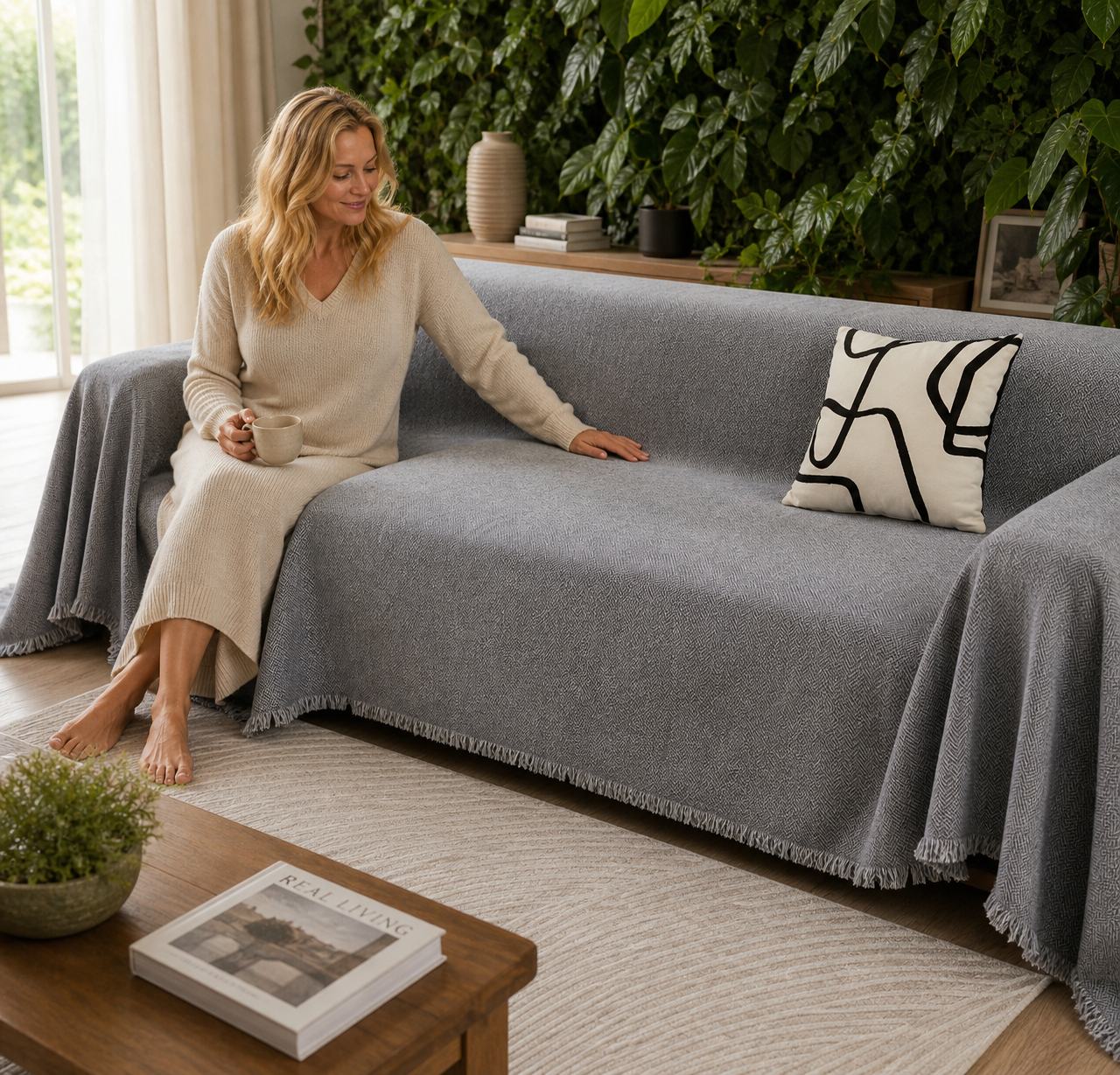Slate Chenille Tassel Sofa Cover, Soft Textured Couch Protector with Non-Slip Design, Pet-Friendly Furniture Cover for Living Room Sofa, Recliner & Sectional Couch