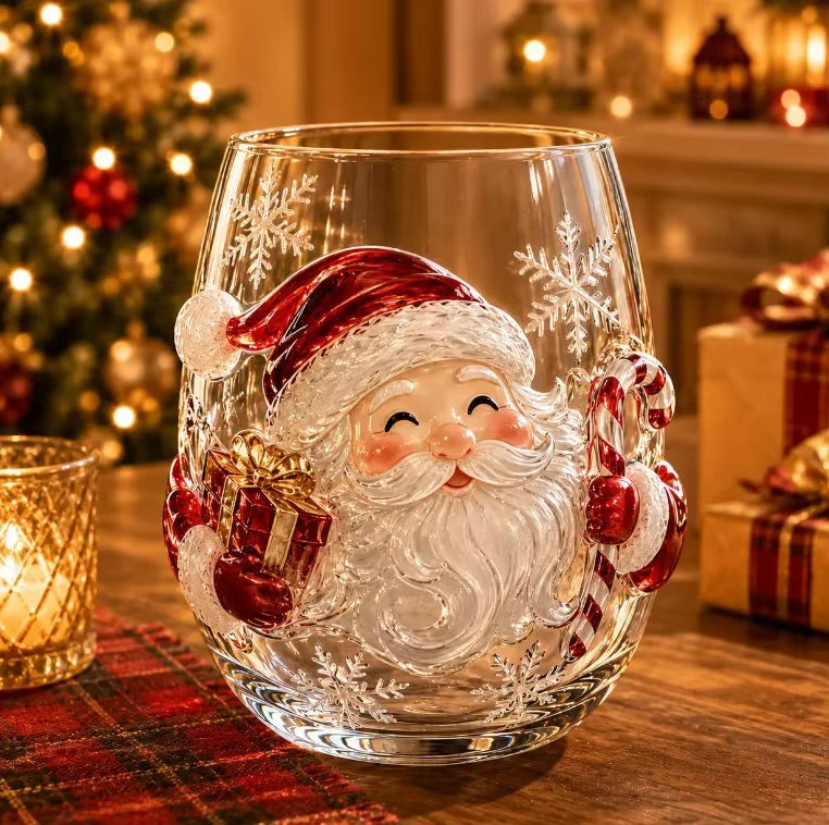 Christmas Glassware Set of 6, 3D Holiday Drinking Glasses with Six Different Festive Designs, Stemless Glass Cups for Christmas Dinner & Holiday Gatherings