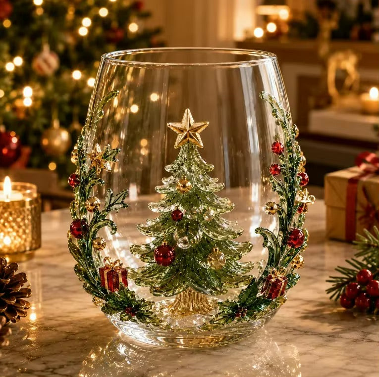 Christmas Glassware Set of 6, 3D Holiday Drinking Glasses with Six Different Festive Designs, Stemless Glass Cups for Christmas Dinner & Holiday Gatherings