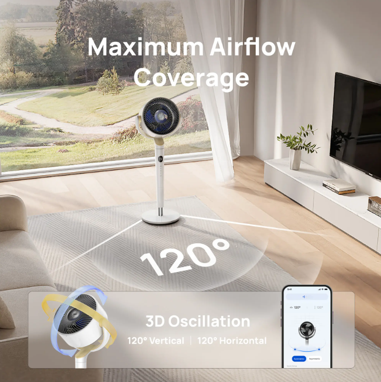 Smart Pedestal Fan for Bedroom,20dB Quiet 3D Oscillating Standing Fan, 9 Speeds, RGB Light & Adjustable Height,Wi-Fi Voice & Alexa Control