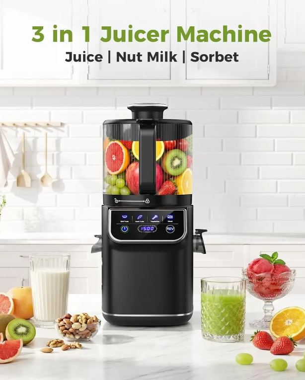 Cold Press Juicer, 100oz Large Capacity Juicer Machine with Touchscreen, 6.5" Wide Chute for Whole Fruits, Quiet Masticating Design