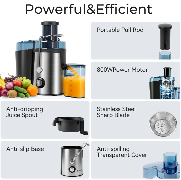 Professional 800W Juice Extractor, High Yield Centrifugal Juicer with Stainless Steel Filter, Easy Cleaning Parts