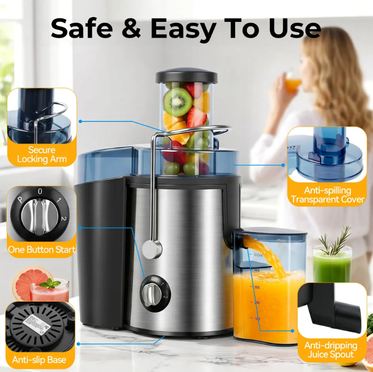 Professional 800W Juice Extractor, High Yield Centrifugal Juicer with Stainless Steel Filter, Easy Cleaning Parts
