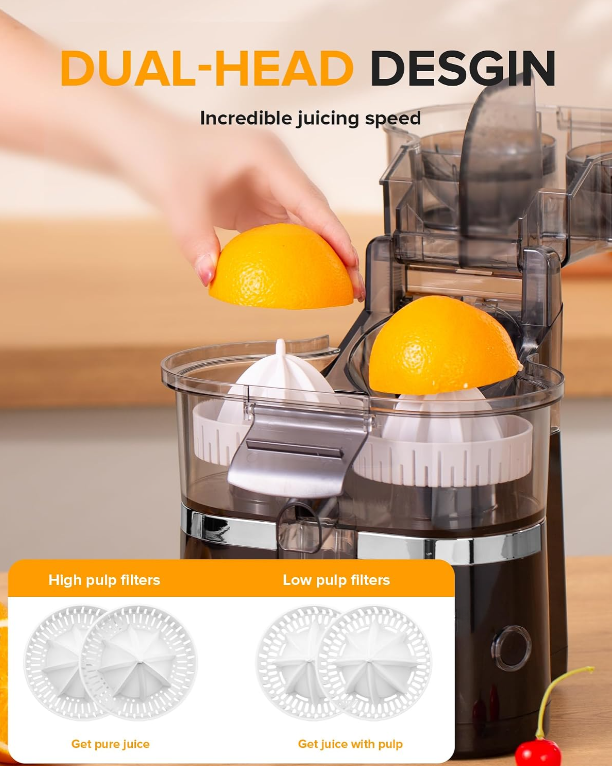 Dual Head Electric Citrus Juicer, One Button Automatic Juice Press for Orange, Lemon and Lime Fresh Drinks(Black)
