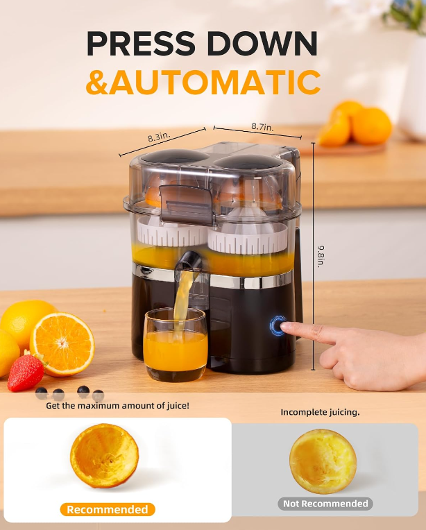 Dual Head Electric Citrus Juicer, One Button Automatic Juice Press for Orange, Lemon and Lime Fresh Drinks(Black)