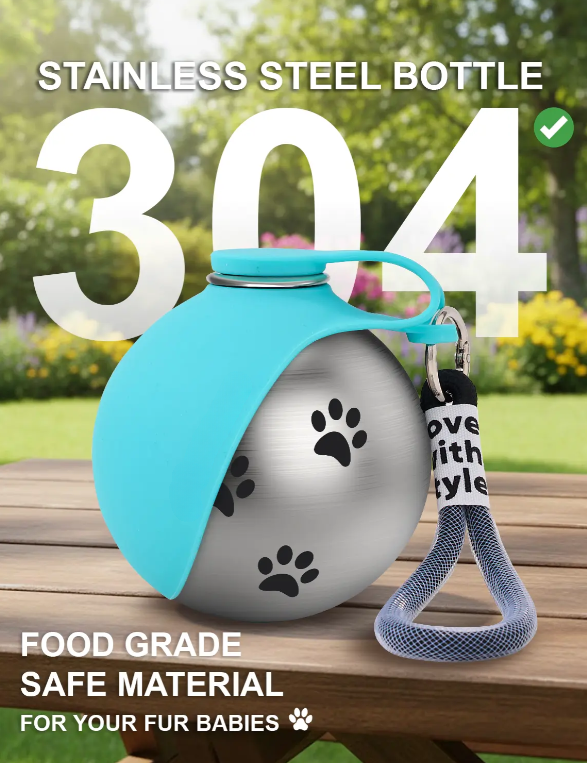 Portable Stainless Steel Pet Water Bottle, Leak Proof Dog Travel Bottle with Silicone Drinking Bowl, 304 Stainless Steel Hydration Dispenser for Walks Hiking Outdoor Adventures