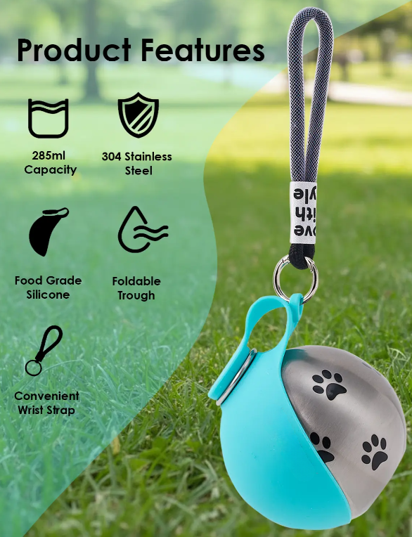 Portable Stainless Steel Pet Water Bottle, Leak Proof Dog Travel Bottle with Silicone Drinking Bowl, 304 Stainless Steel Hydration Dispenser for Walks Hiking Outdoor Adventures