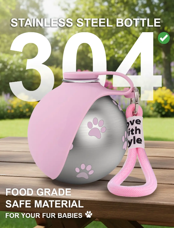 Portable Stainless Steel Pet Water Bottle, Leak Proof Dog Travel Bottle with Silicone Drinking Bowl, 304 Stainless Steel Hydration Dispenser for Walks Hiking Outdoor Adventures
