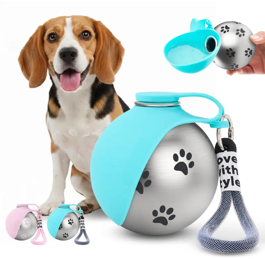 Portable Stainless Steel Pet Water Bottle, Leak Proof Dog Travel Bottle with Silicone Drinking Bowl, 304 Stainless Steel Hydration Dispenser for Walks Hiking Outdoor Adventures