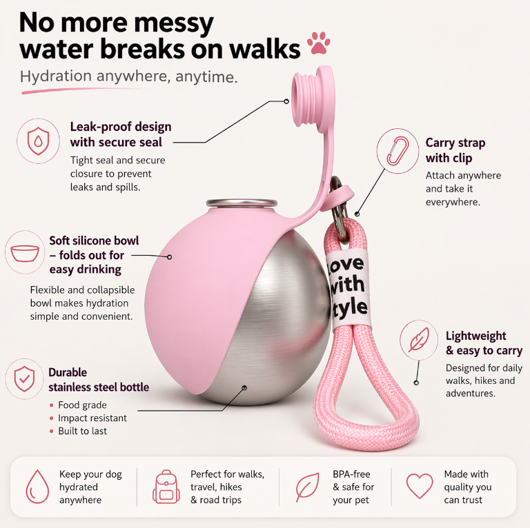 Portable Stainless Steel Pet Water Bottle, Leak Proof Dog Travel Bottle with Silicone Drinking Bowl, 304 Stainless Steel Hydration Dispenser for Walks Hiking Outdoor Adventures
