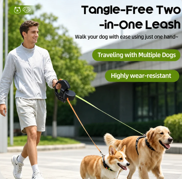 Walk Two Dogs with One Hand, Dual Dog Retractable Leash with Anti-Tangle 360° Rotation, Smart LED Light Design for Stress-Free Pet Walks